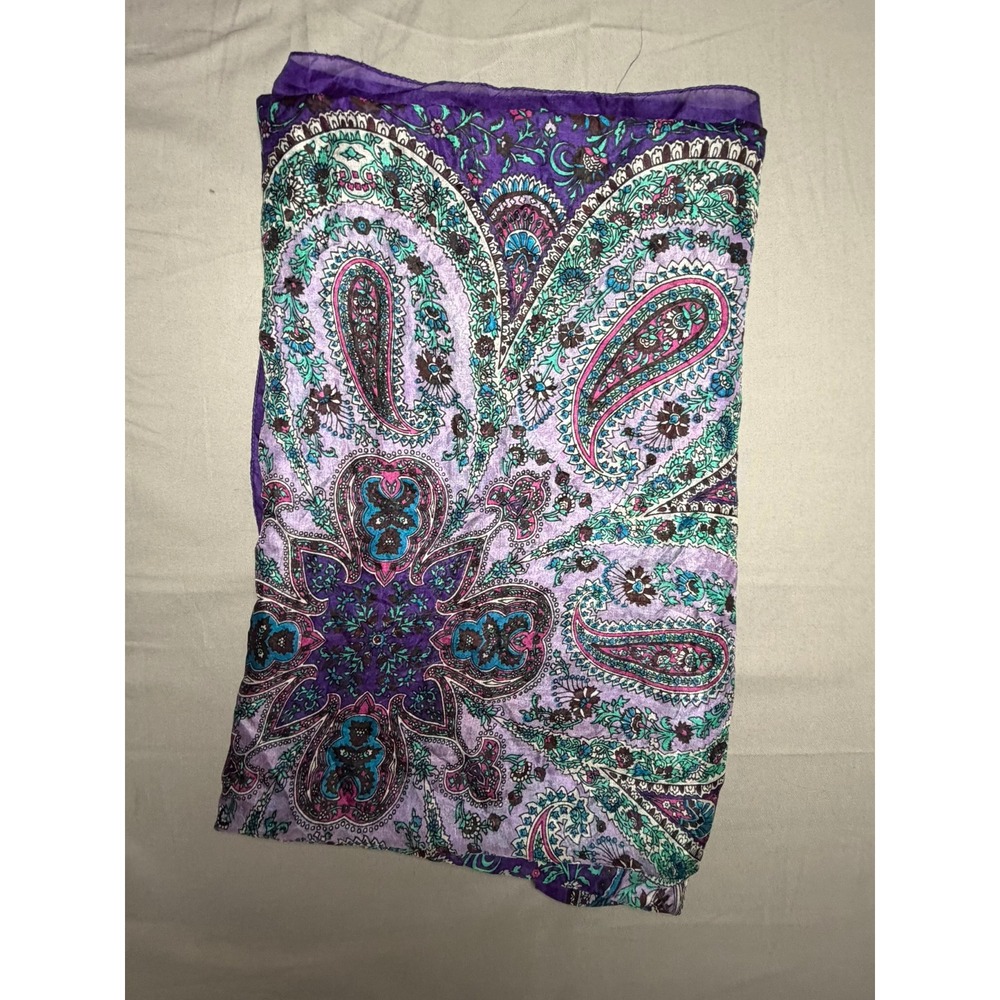 100% Silk Paisley Scarf Purple Teal Boho Made in India Lightweight 39x68 inch